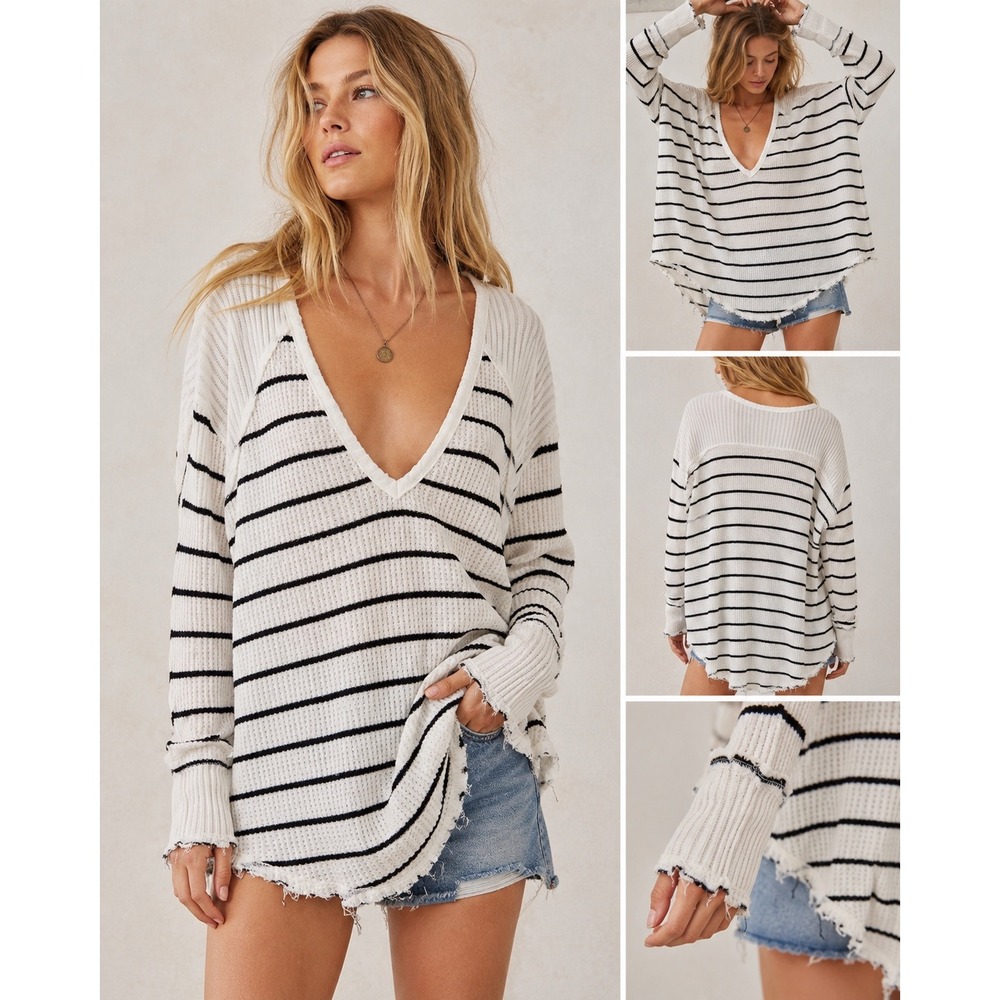 Free People White Black Striped Thermal Beachy Tunic Top Boho Oversized M